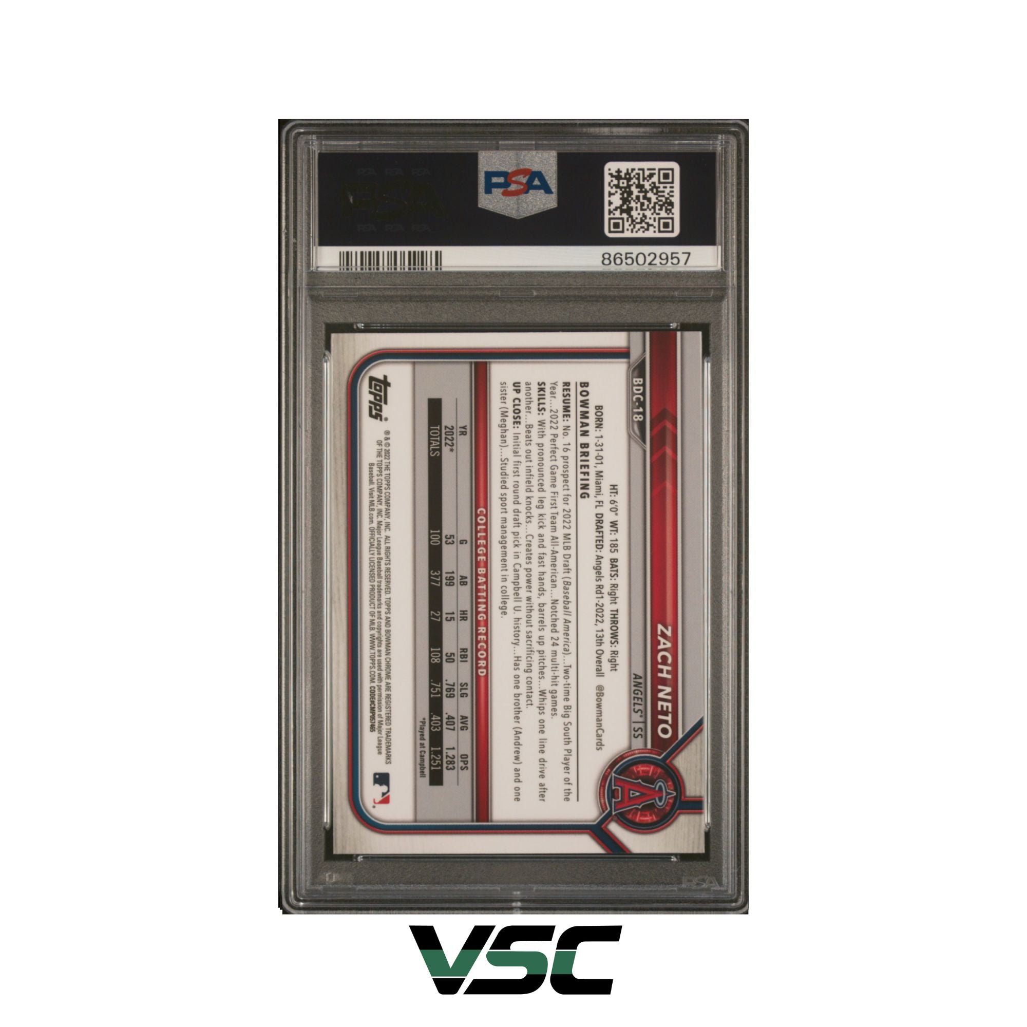 2022 Bowman S/E · Zach Neto · BDC-18 · PSA 10