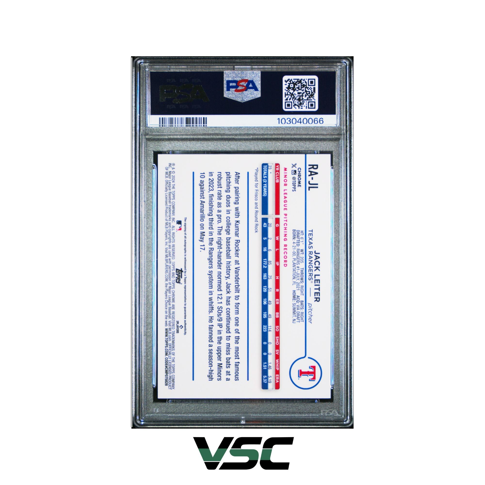 2024 Topps Chrome Update · Jack Leiter · RAJL · PSA 8